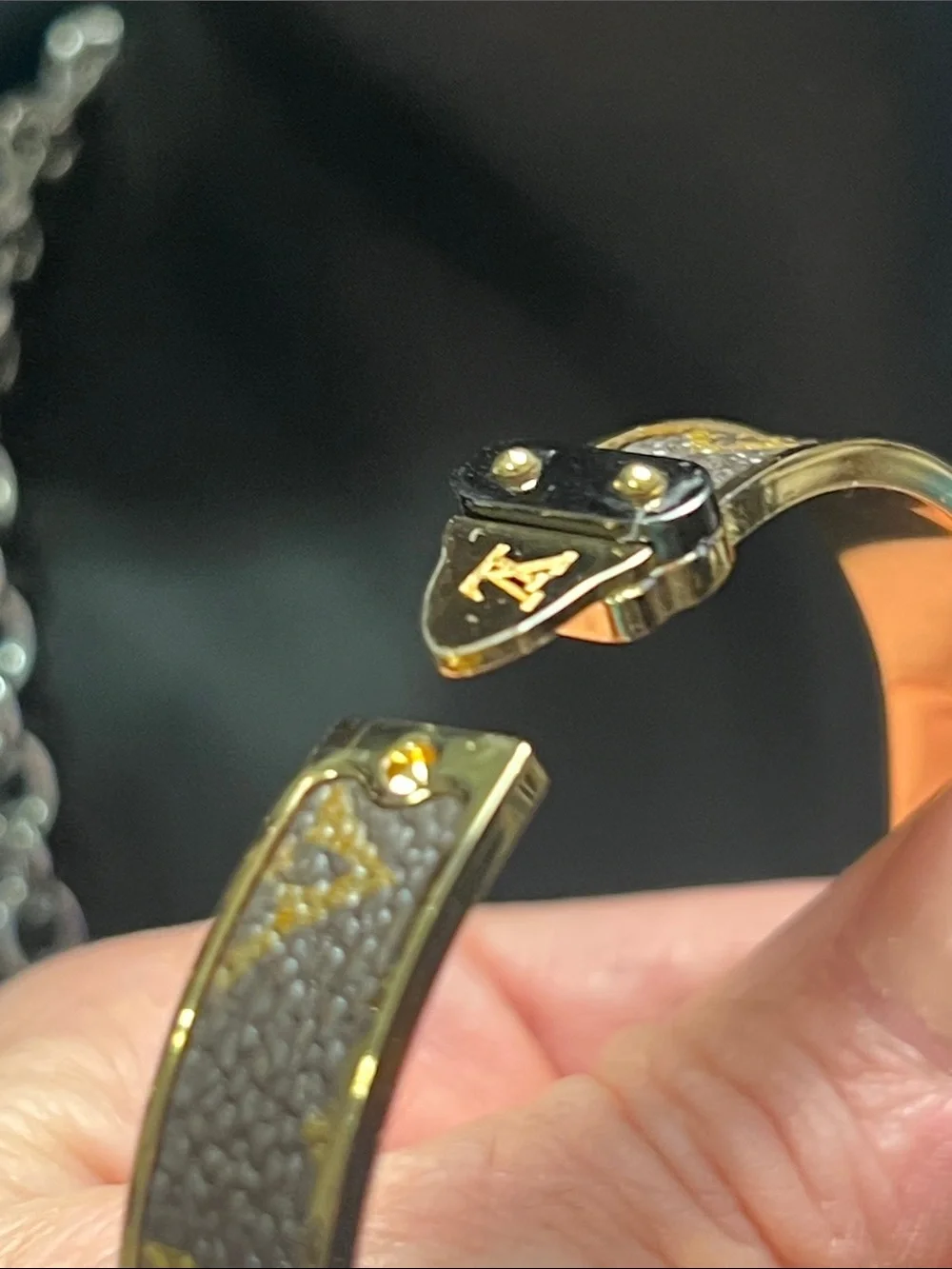 Up Cycled Brown Monogram Bangle with Gold Accent